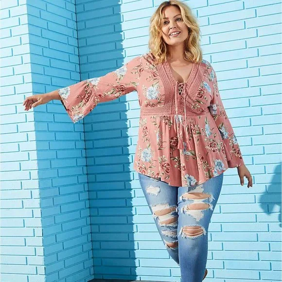 Torrid Dusty Coral Floral Crinkle Gauze Crochet Babydoll Top Size 3 3X H13239 - Picture 3 of 12